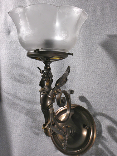 Pair of Gargoyle Gas Sconces with Deep Acid Etched Gas Shades